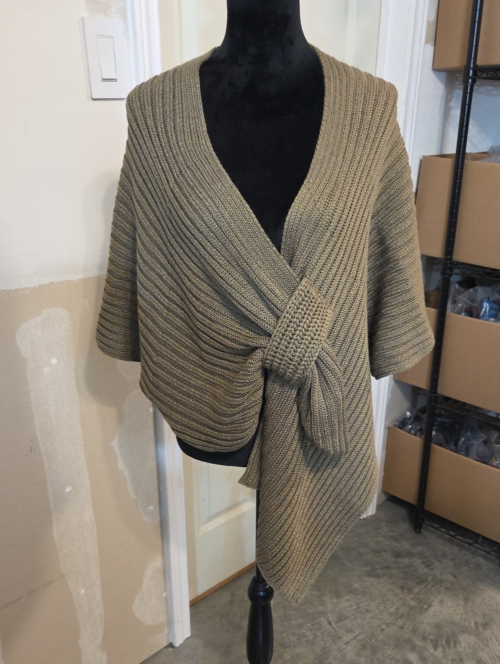 Chico's Knot-Front Knit Wrap Shrug Sweater Asymetrical Short Sleeve Olive Green